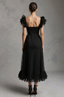 Load image into Gallery viewer, Black Square Neck A-Line Tulle Long Formal Dress with Ruffles