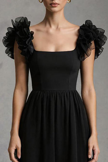 Black Square Neck A-Line Tulle Long Formal Dress with Ruffles