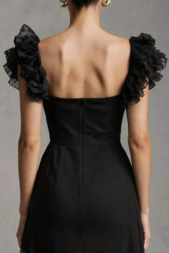 Black Square Neck A-Line Tulle Long Formal Dress with Ruffles