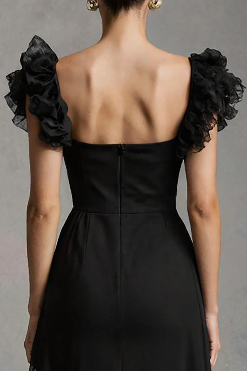 Load image into Gallery viewer, Black Square Neck A-Line Tulle Long Formal Dress with Ruffles