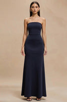 Load image into Gallery viewer, Simple Navy Strapless Satin Mermaid Long Formal Dress