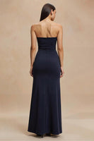 Load image into Gallery viewer, Simple Navy Strapless Satin Mermaid Long Formal Dress