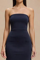 Load image into Gallery viewer, Simple Navy Strapless Satin Mermaid Long Formal Dress
