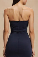 Load image into Gallery viewer, Simple Navy Strapless Satin Mermaid Long Formal Dress