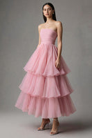 Load image into Gallery viewer, Pink Strapless A-Line Tulle Ruffled Ankle Length Pageant Dress