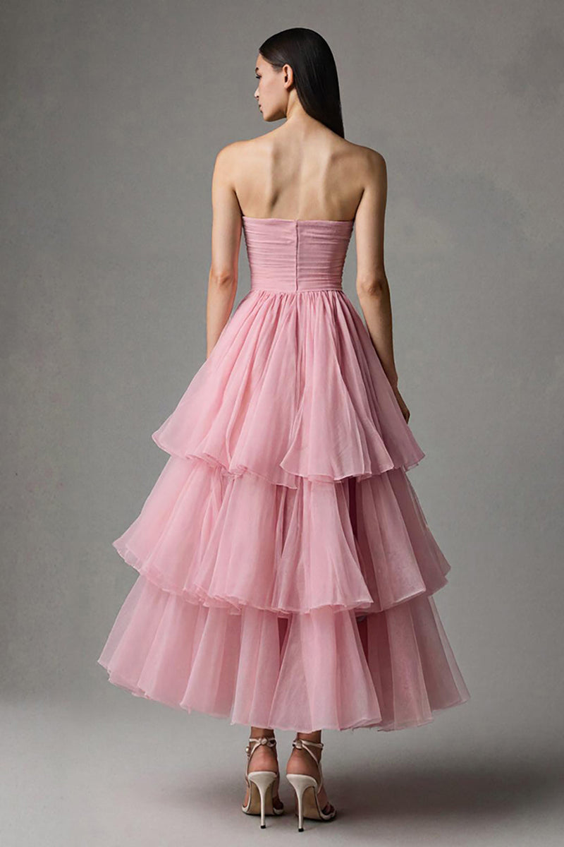 Load image into Gallery viewer, Pink Strapless A-Line Tulle Ruffled Ankle Length Pageant Dress