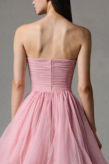 Pink Strapless A-Line Tulle Ruffled Ankle Length Pageant Dress
