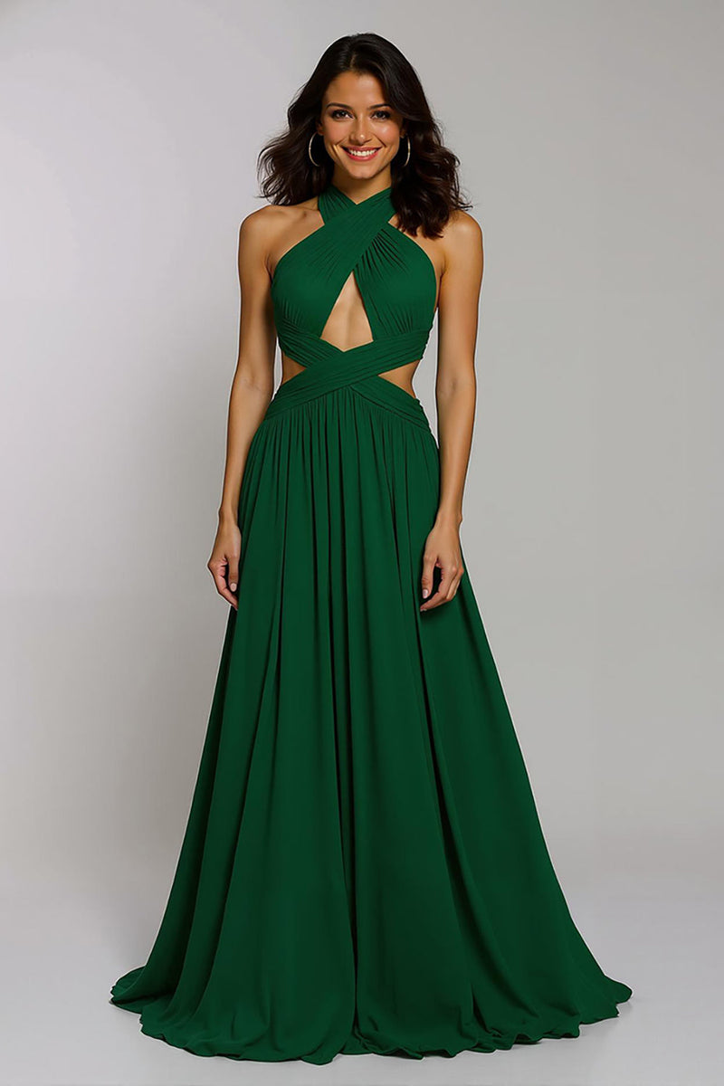 Load image into Gallery viewer, Dark Green Halter Chiffon Cut-Out A-Line Long Holiday Party Dress