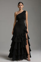 Load image into Gallery viewer, Black One Shoulder A-Line Chiffon Ruffled Long Formal Dress with Slit