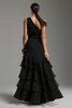 Load image into Gallery viewer, Black One Shoulder A-Line Chiffon Ruffled Long Formal Dress with Slit