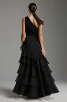 Load image into Gallery viewer, Black One Shoulder A-Line Chiffon Ruffled Long Formal Dress with Slit