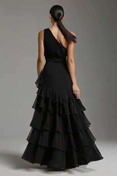 Black One Shoulder A-Line Chiffon Ruffled Long Formal Dress with Slit