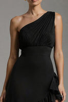 Load image into Gallery viewer, Black One Shoulder A-Line Chiffon Ruffled Long Formal Dress with Slit