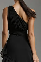 Load image into Gallery viewer, Black One Shoulder A-Line Chiffon Ruffled Long Formal Dress with Slit