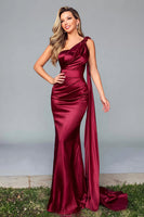 Load image into Gallery viewer, Burgundy One Shoulder Satin Mermaid Formal Dress with Side Cape