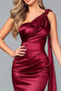 Load image into Gallery viewer, Burgundy One Shoulder Satin Mermaid Formal Dress with Side Cape