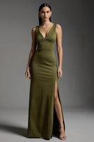Load image into Gallery viewer, Simple Olive V-Neck Satin Mermaid Formal Dress with Slit