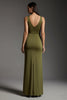 Load image into Gallery viewer, Simple Olive V-Neck Satin Mermaid Formal Dress with Slit