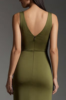 Load image into Gallery viewer, Simple Olive V-Neck Satin Mermaid Formal Dress with Slit