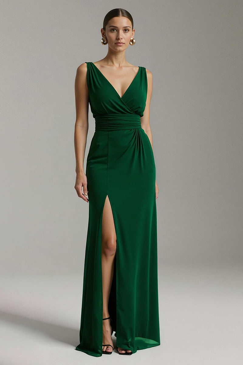 Load image into Gallery viewer, Dark Green V-Neck Chiffon Sheath Long Holiday Party Dress with Slit