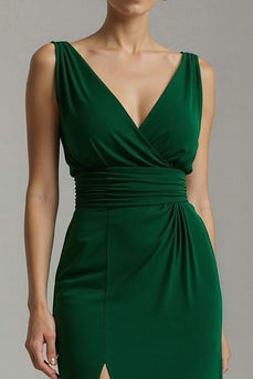 Dark Green V-Neck Chiffon Sheath Long Holiday Party Dress with Slit