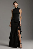 Load image into Gallery viewer, Black High Neck Mermaid Ruffled Satin Long Formal Dress with Slit
