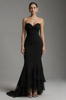 Load image into Gallery viewer, Black Sweetheart Ruched Mermaid Ruffled Long Formal Dress