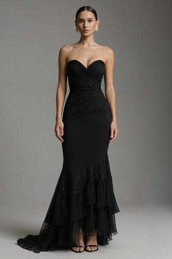 Black Sweetheart Ruched Mermaid Ruffled Long Formal Dress