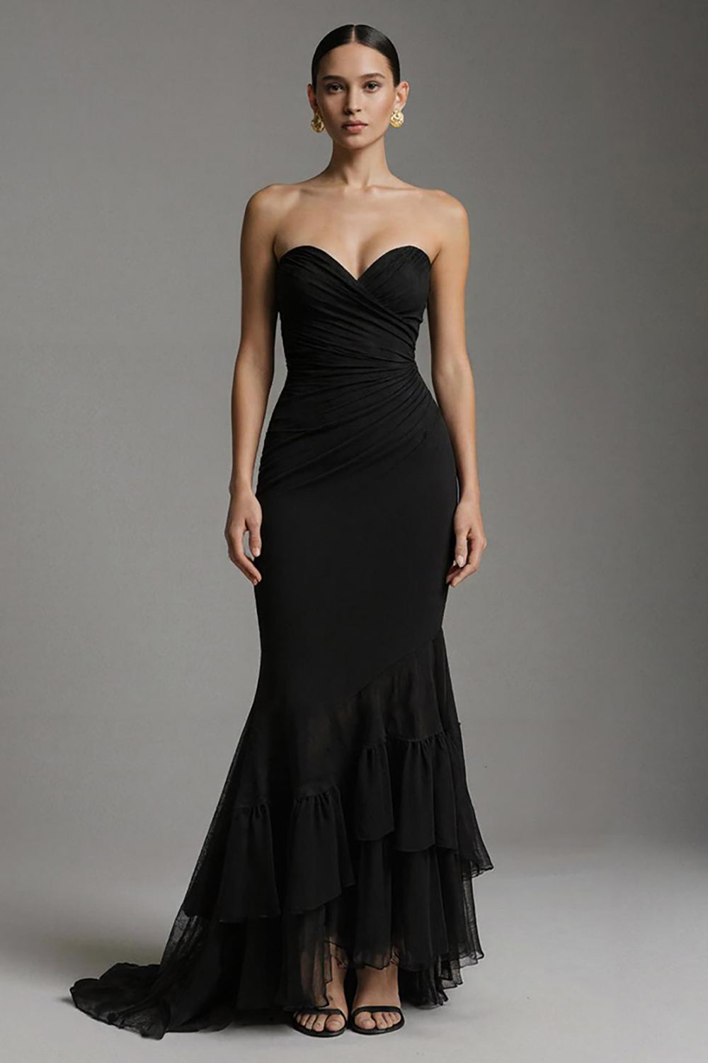 Black Sweetheart Ruched Mermaid Ruffled Long Formal Dress