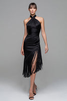 Load image into Gallery viewer, Black Halter Satin Midi Semi-Formal Dress with Fringes