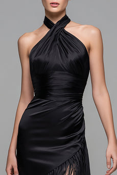 Black Halter Satin Midi Semi-Formal Dress with Fringes