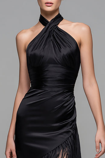 Black Halter Satin Midi Semi-Formal Dress with Fringes