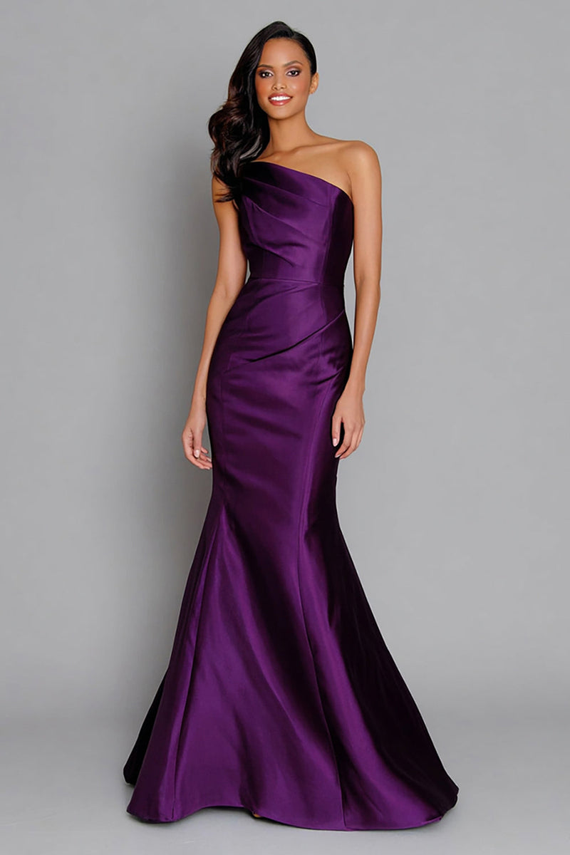 Load image into Gallery viewer, Purple One Shoulder Satin Mermaid Long Formal Dress
