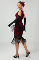 Load image into Gallery viewer, Sparkly Black Red Fringed Short 1920s Dress with 20s Accessories Set