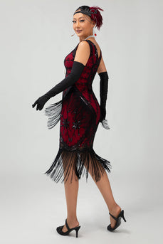 Sparkly Black Red Fringed Short 1920s Dress with 20s Accessories Set
