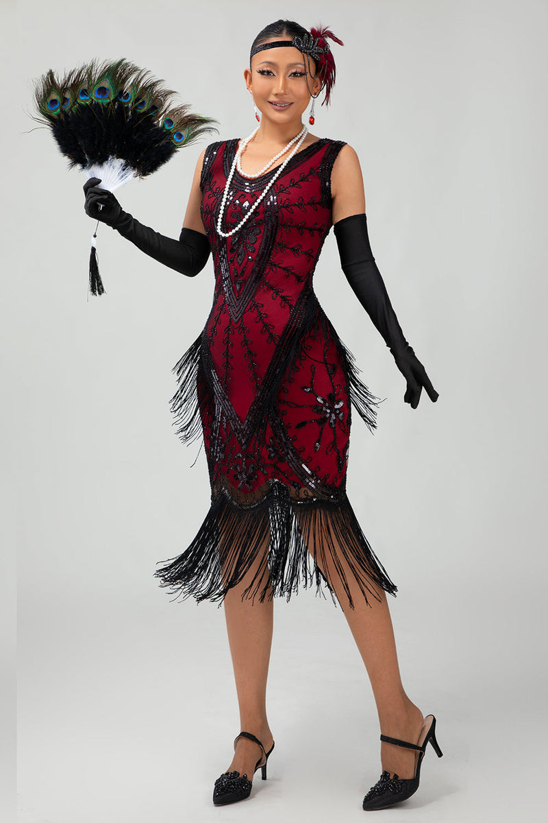 Load image into Gallery viewer, Sparkly Black Red Fringed Short 1920s Dress with 20s Accessories Set