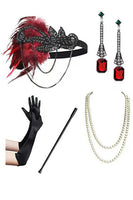 Load image into Gallery viewer, Sparkly Black Red Fringed Short 1920s Dress with 20s Accessories Set