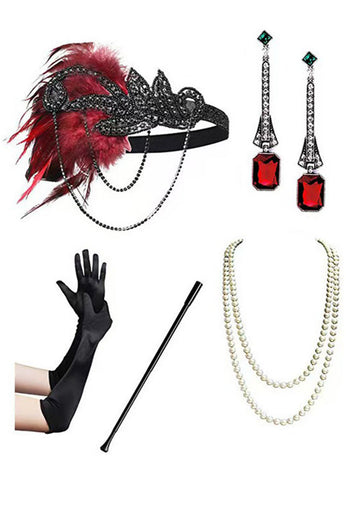 Sparkly Black Red Fringed Short 1920s Dress with 20s Accessories Set