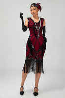 Load image into Gallery viewer, Sparkly Black Red Fringed Short 1920s Dress with 20s Accessories Set