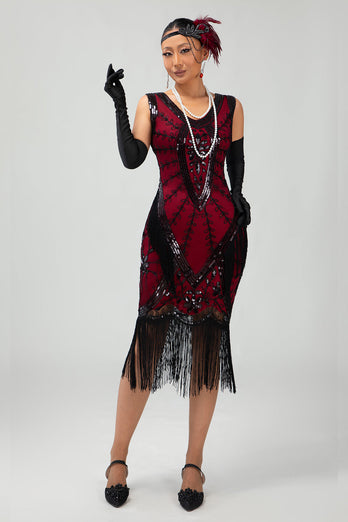 Sparkly Black Red Fringed Short 1920s Dress with 20s Accessories Set