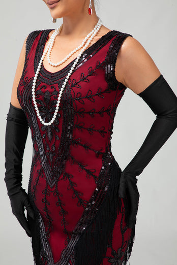 Sparkly Black Red Fringed Short 1920s Dress with 20s Accessories Set