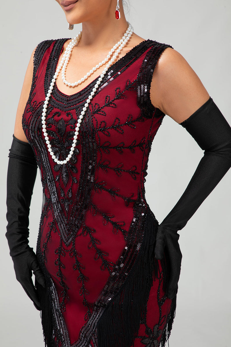 Load image into Gallery viewer, Sparkly Black Red Fringed Short 1920s Dress with 20s Accessories Set