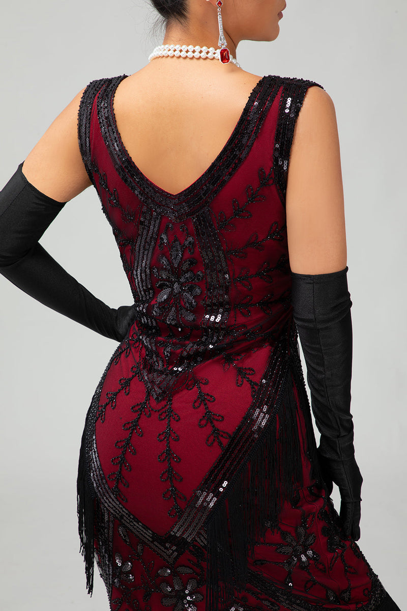Load image into Gallery viewer, Sparkly Black Red Fringed Short 1920s Dress with 20s Accessories Set