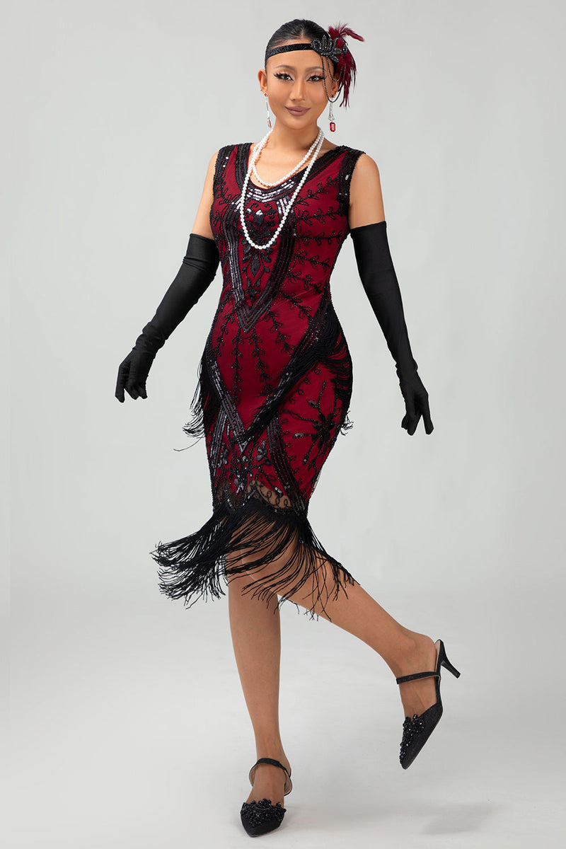Load image into Gallery viewer, Sparkly Black Red Fringed Short 1920s Dress with 20s Accessories Set