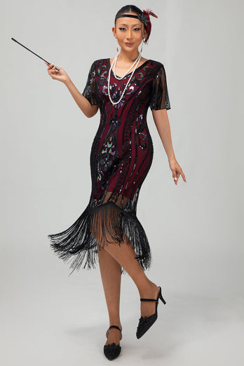 Sparkly Black Golden Bodycon Sequins Short 1920s Dress with Sleeves