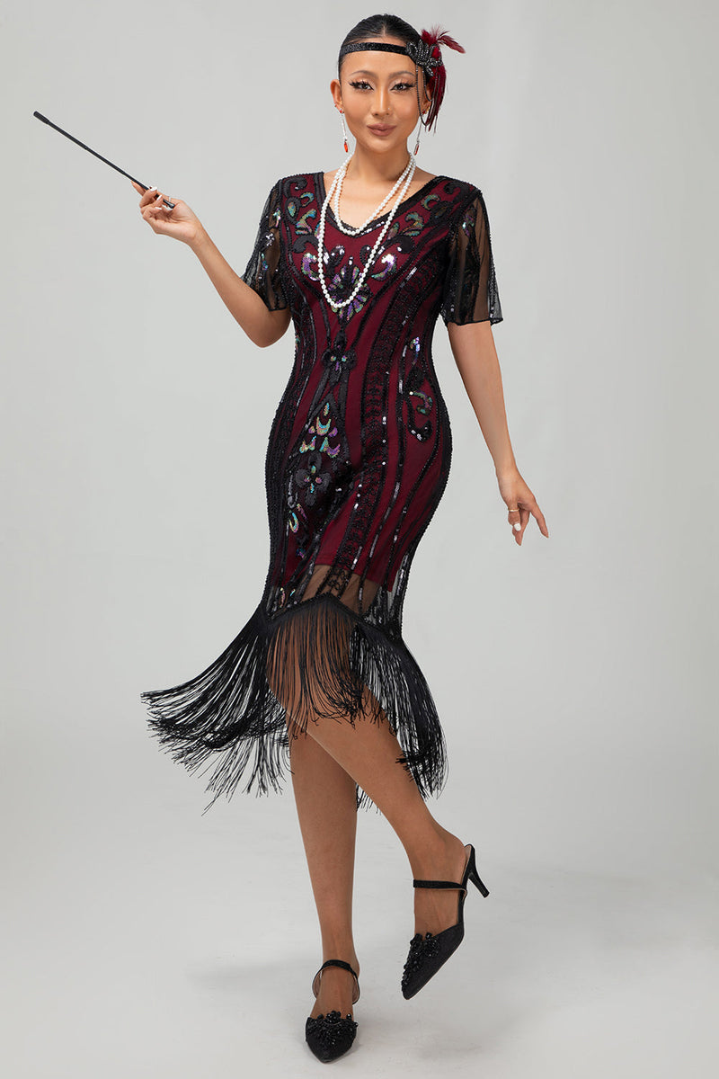 Load image into Gallery viewer, Sparkly Black Golden Bodycon Sequins Short 1920s Dress with Sleeves