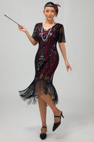 Load image into Gallery viewer, Sparkly Black Burgundy Fringed Short Sleeves 1920s Dress with Sequins