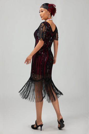 Sparkly Black Golden Bodycon Sequins Short 1920s Dress with Sleeves