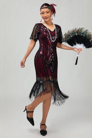 Sparkly Black Golden Bodycon Sequins Short 1920s Dress with Sleeves