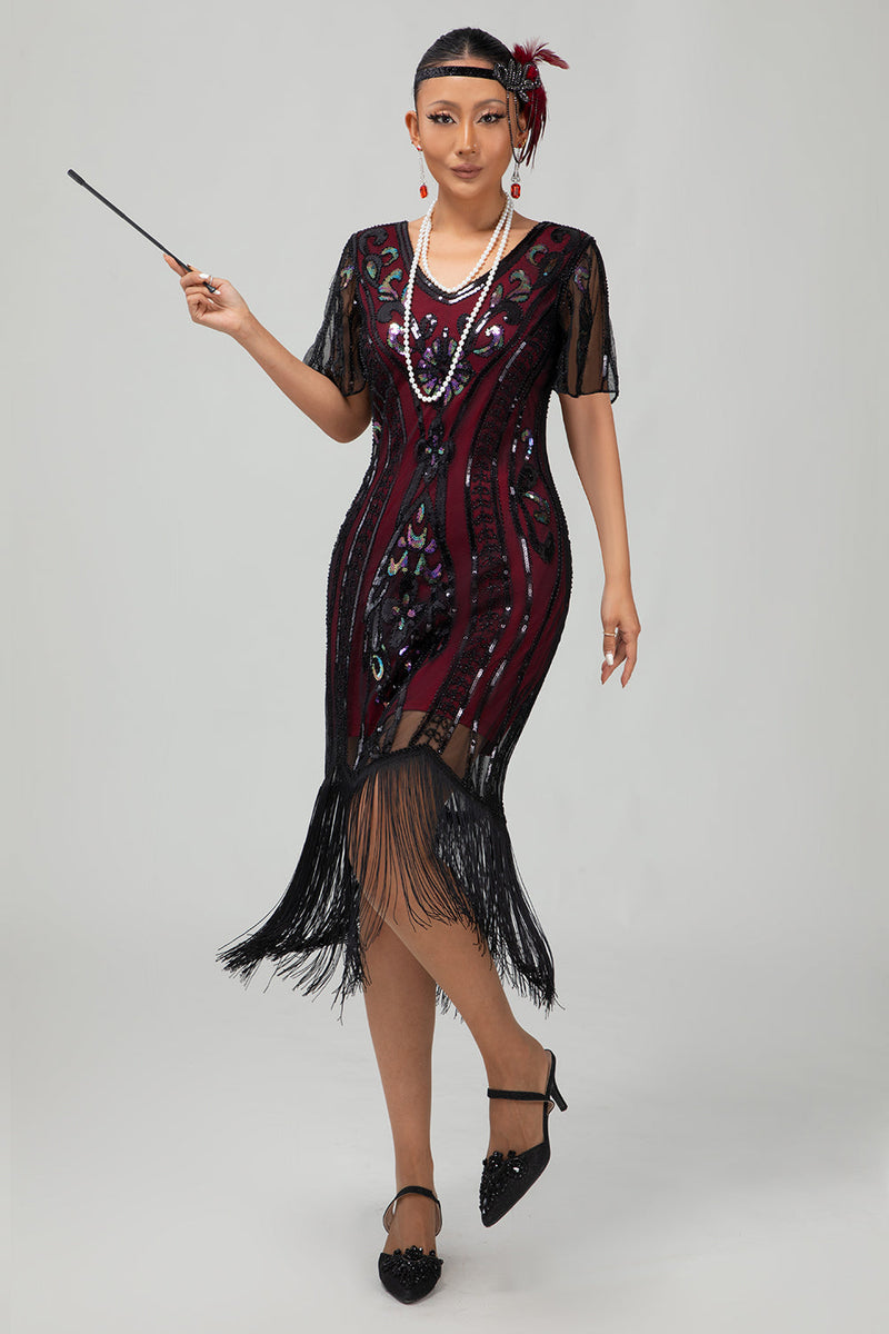 Load image into Gallery viewer, Sparkly Black Golden Bodycon Sequins Short 1920s Dress with Sleeves